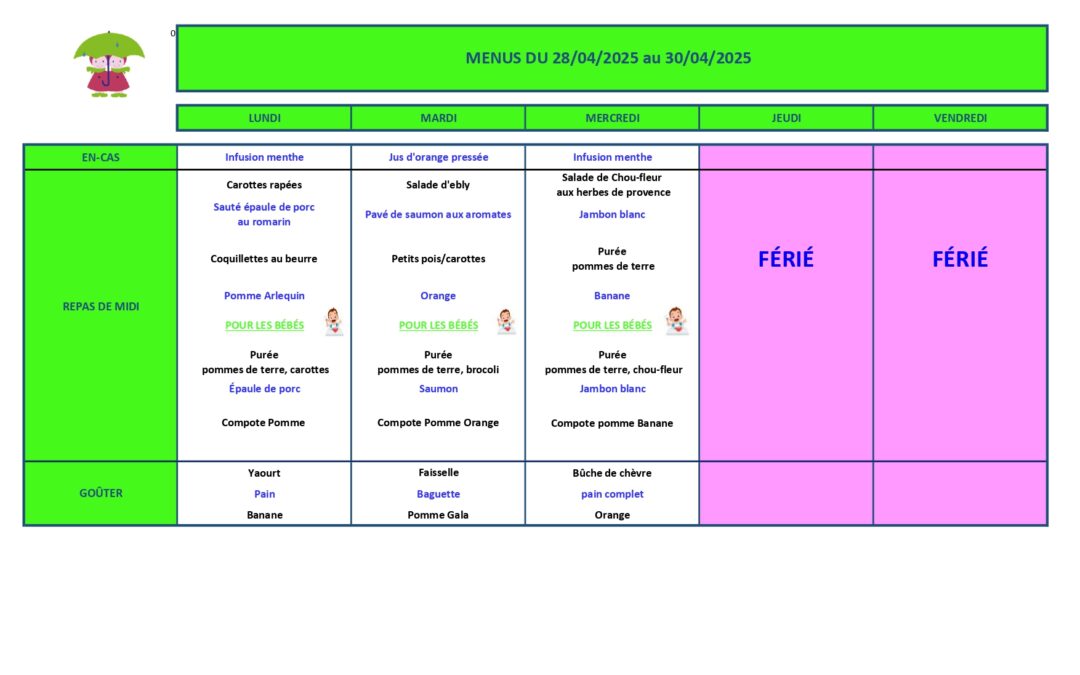 Menu de la semaine du 28 au 30 avril