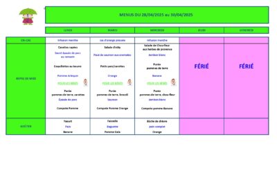 Menu de la semaine du 28 au 30 avril